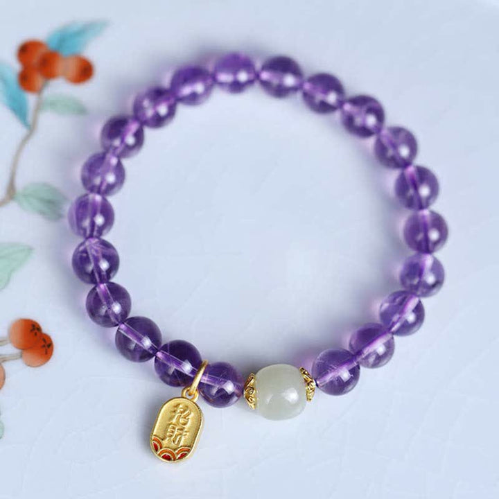Buddha Stones Naturalny Ametyst Kryształ Hetian Jade Healing Charm Bransoletka