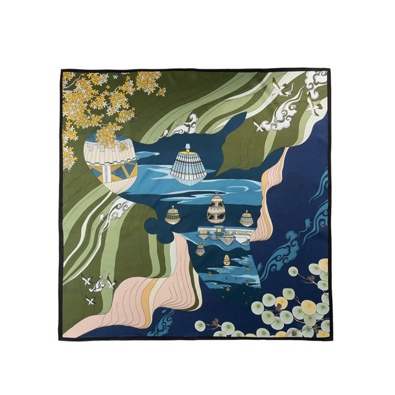 Kamienie Buddha Stones Dżungla Olej Malarstwo Pomyślne Chmury 100% Jedwabny Szalik Morwowy Premium Grade 6A Dwustronny Jedwabny Szalik na Szyję