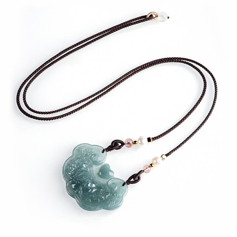 Buddha Stones Naturalny Jadeit Peonia Kwiat Kłódka Dobrych Życzeń Naszyjnik Wisiorek Dobrobytu