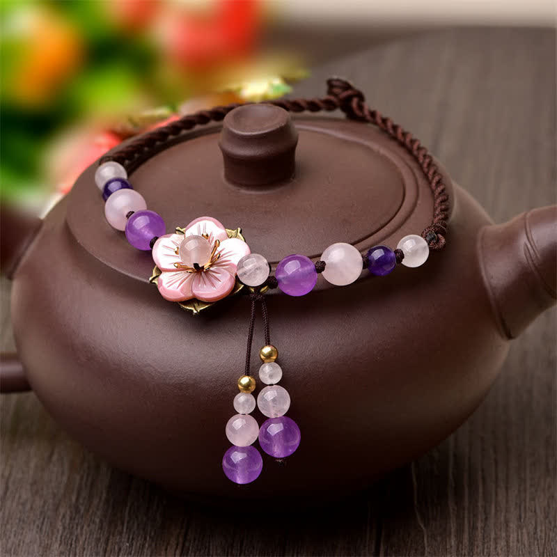 Buddha Stones Naturalny Ametyst Różowy Kryształ Kwarcowy Charm Lucky Healing Anklet - image 1