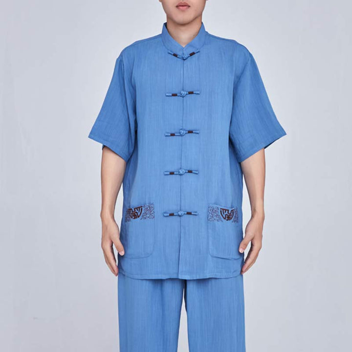 Buddha Stones Medytacja Zen Modlitwa Duchowa Tai Chi Qigong Praktyka Unisex Haft Odzież Zestaw - Krótki rękaw, niebieski haft - US14, UK/AU18, EU46 (3XL) - image 32