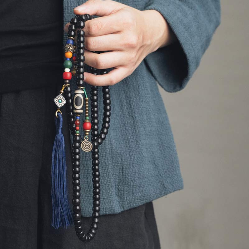 Buddha Stones 108 Koraliki Mala Ebony Drewno Dzi Koralik Miedź Równowaga Tassel Bransoletka