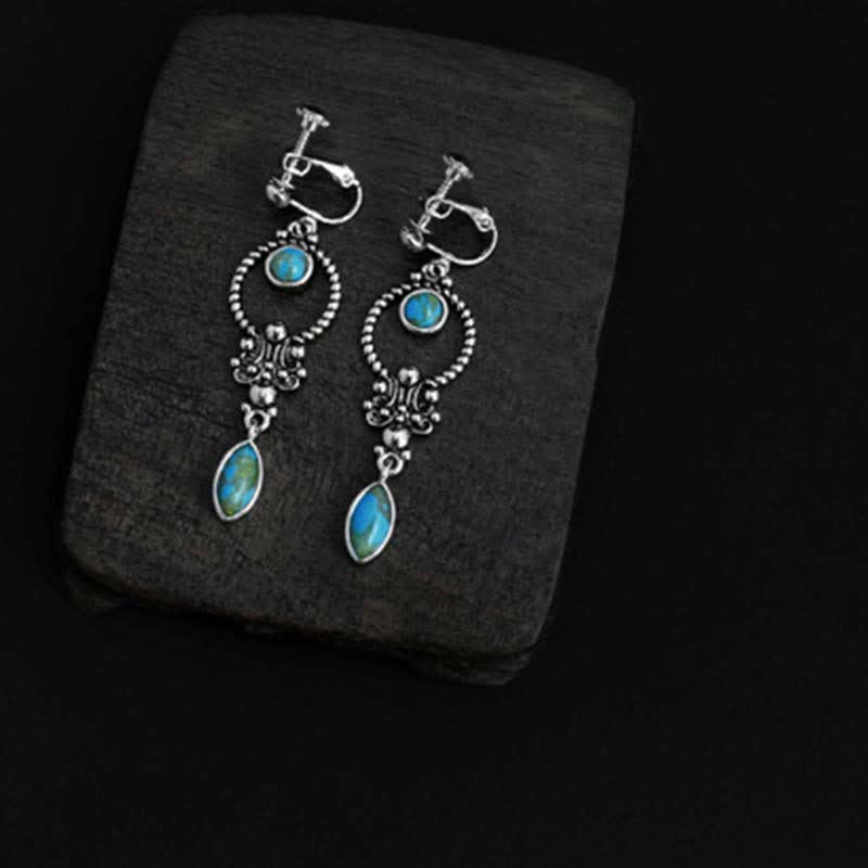 Kolczyki wiszące Buddha Stones 925 Sterling Silver Vintage Turquoise Waterdrop Pattern Balance Drop