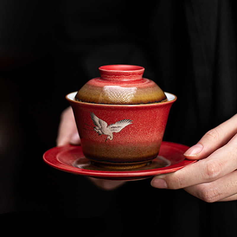 Buddha Stones Czerwony Pomyślny Żuraw Ceramiczny Gaiwan Sancai Filiżanka Kung Fu Filiżanka I Spodek Z Pokrywką