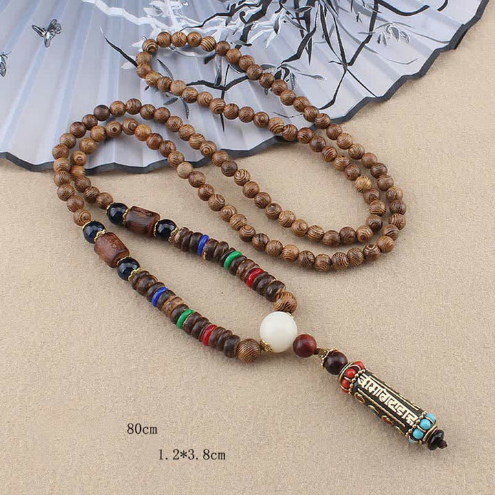 Buddha Stones tybetański Om Mani Padme Hum Dzi koralik Wenge naszyjnik z drewna wisiorek - image 6