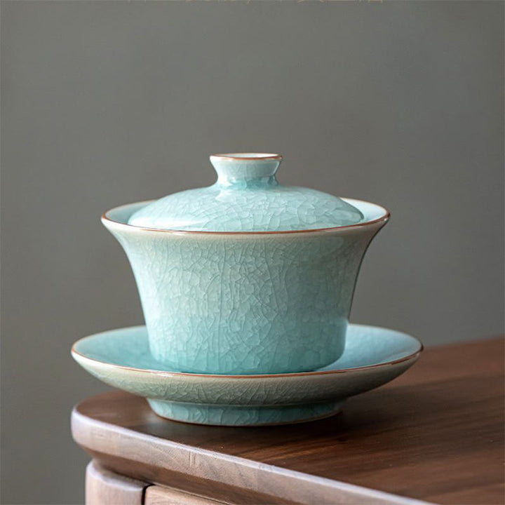 Buddha Stones Retro Zielony Lodowy Glazura Ceramiczny Gaiwan Sancai Filiżanka Kung Fu Filiżanka I Spodek Z Pokrywką