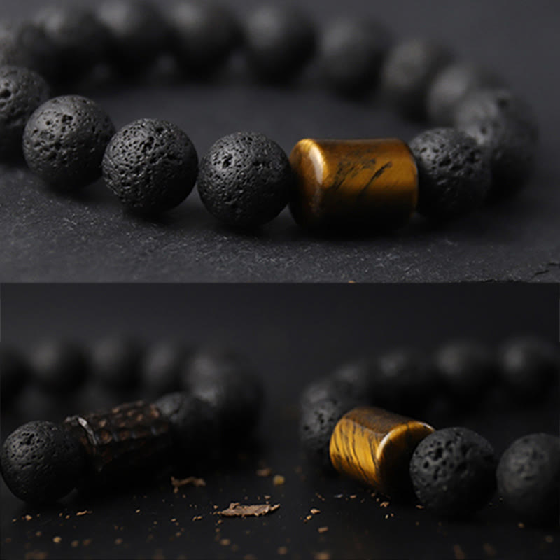 Buddha Stones, kamień lawowy, drewno hebanowe, bransoletka lecznicza z tygrysim okiem