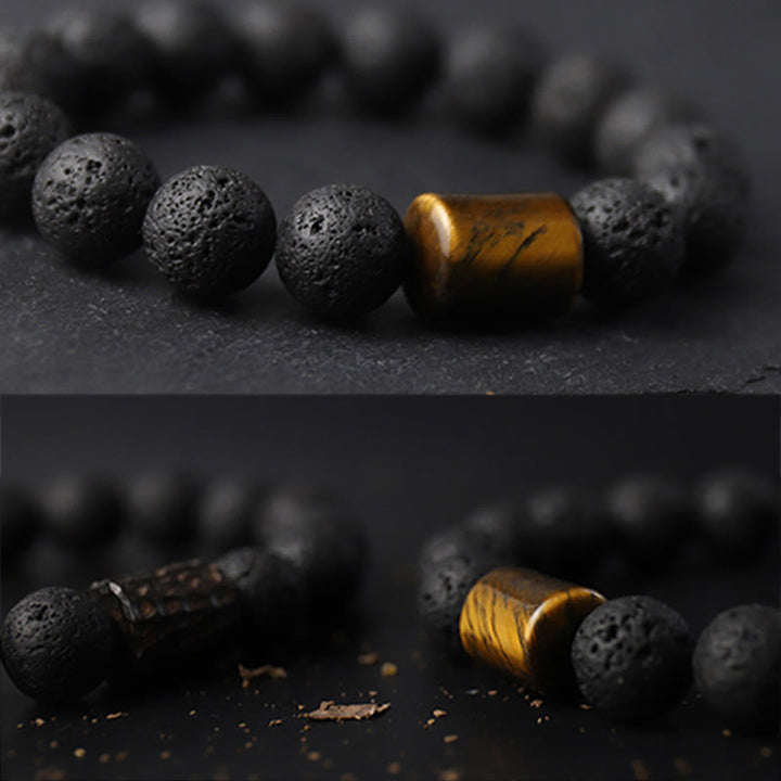 Buddha Stones, kamień lawowy, drewno hebanowe, bransoletka lecznicza z tygrysim okiem
