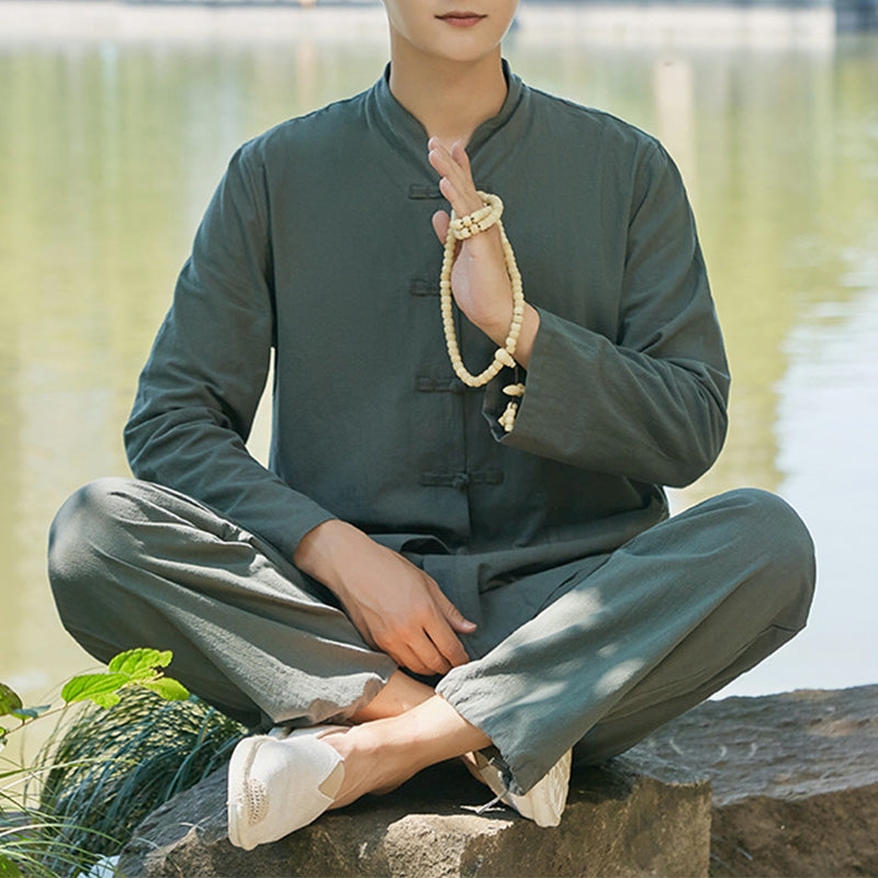 Buddha Stones Duchowa Praktyka Zen Joga Medytacja Modlitwa Odzież Bawełna Len Męski Zestaw - Ciemnozielony - US/UK/AU48， EU58 (6XL) - image 0