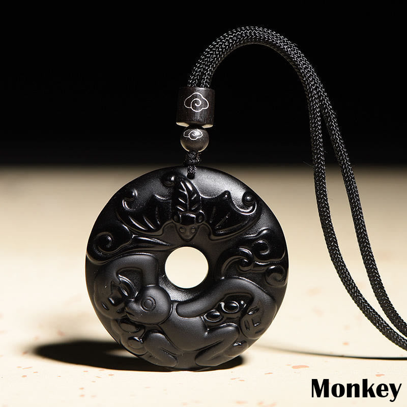 Buddha Stones Chiński Zodiak Naturalny Czarny Obsydian Spokój Klamra Siła Naszyjnik Wisiorek - Małpa - image 20