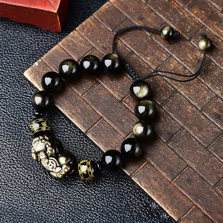 Buddha Stones Naturalny złoty połysk Obsydian PiXiu Om Mani Padme Hum Bogactwo pleciona bransoletka
