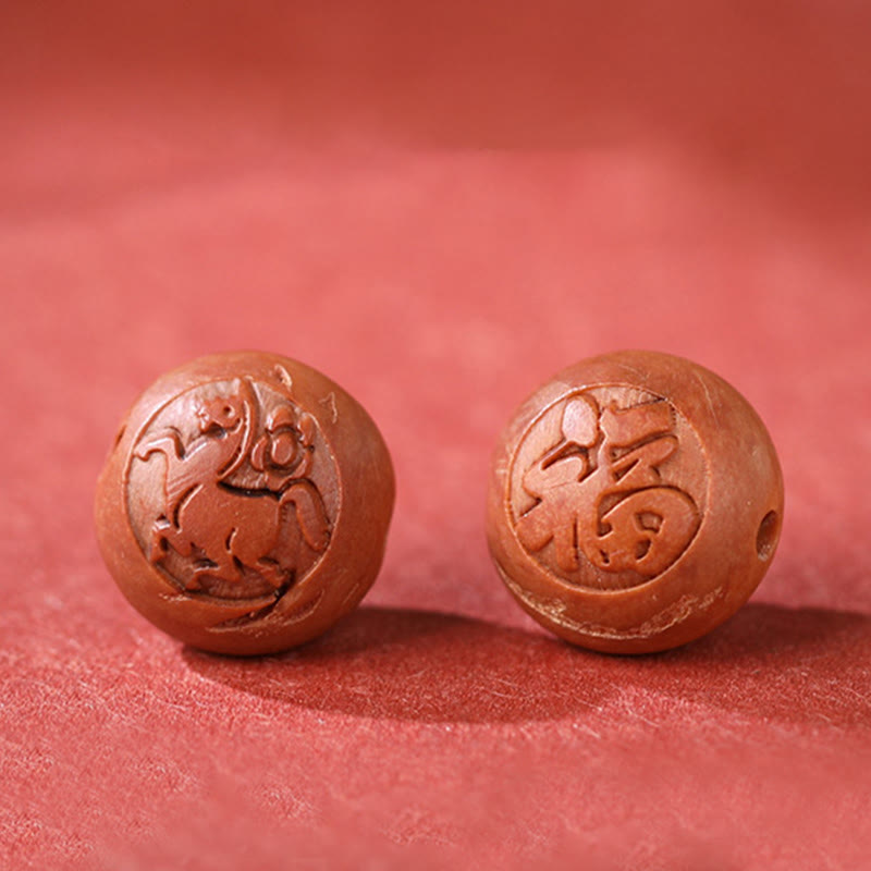 Buddha Stones Naturalne Drewno Brzoskwiniowe Chińskie Zodiak Fu Znak Rzeźbiony Cynober Bransoletka Bogactwa
