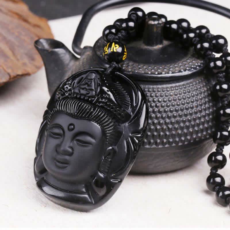 Buddha Stones Naturalny Czarny Obsydian Kwan Yin Awalokiteśwara Siła Naszyjnik Wisiorek - image 6