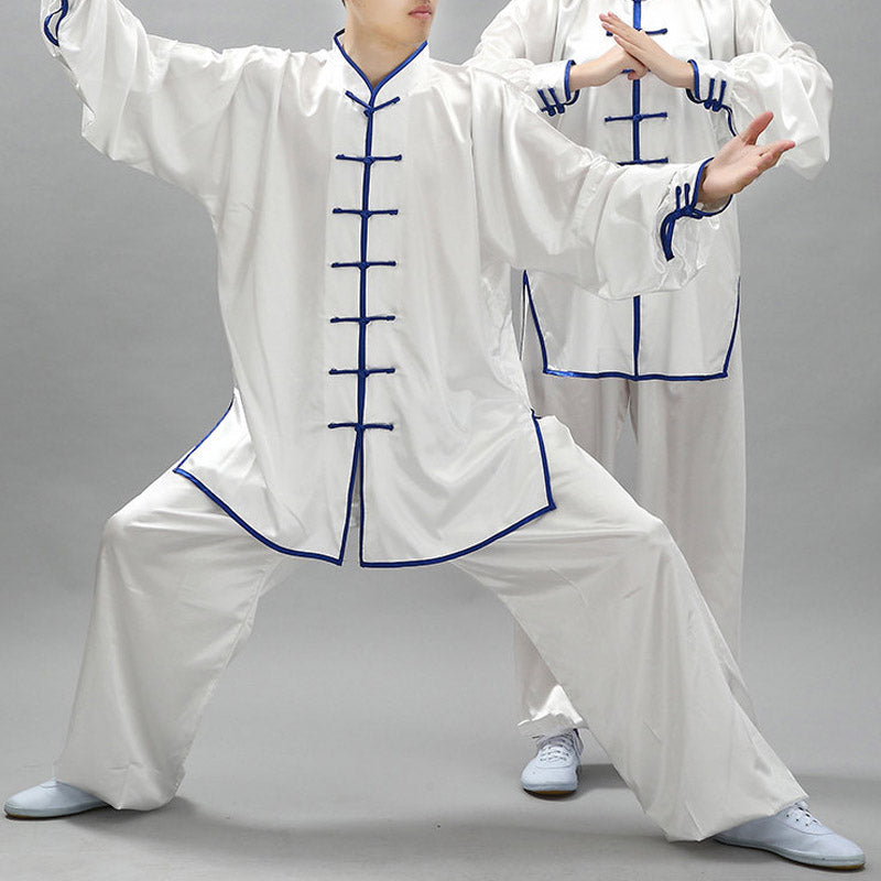 Buddha Stones Prosty wzór Medytacja Modlitwa Duchowy Zen Tai Chi Qigong Praktyka Unisex Zestaw Ubrań - Biały + Niebieska Krawędź - 3XL - ODPOWIEDNIE DLA USA/ UK/AU/ EU- 2XL - image 0