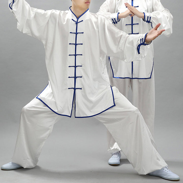 Buddha Stones Prosty wzór Medytacja Modlitwa Duchowy Zen Tai Chi Qigong Praktyka Unisex Zestaw Ubrań - Biały + Niebieska Krawędź - 3XL - ODPOWIEDNIE DLA USA/ UK/AU/ EU- 2XL - image 0