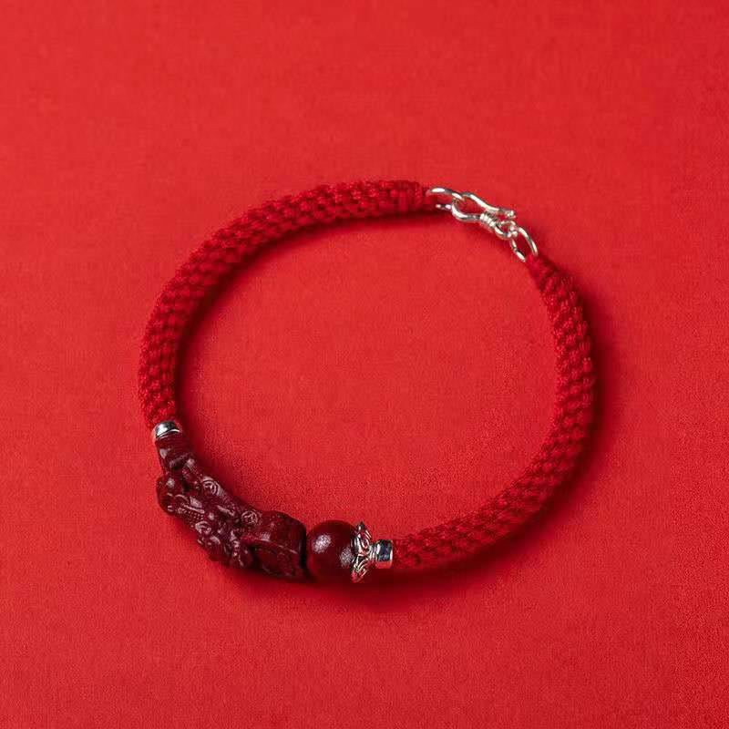 Buddha Stones Ręcznie robione PiXiu Cinnabar Wealth Luck Bransoletka pleciona