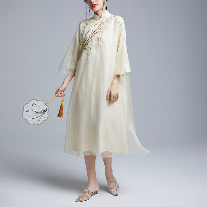 Buddha Stones 100% jedwab morwowy 6 Momme Sukienka Vintage Flower Butterfly Haft Qipao Sukienka damska Cheongsam - image 8