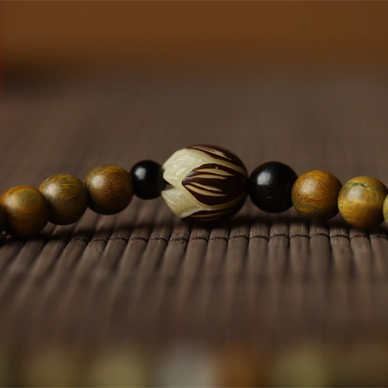 Buddha Stones Zielona bransoletka z nasion bodhi z drzewa sandałowego, kojąca, podwójnie owinięta