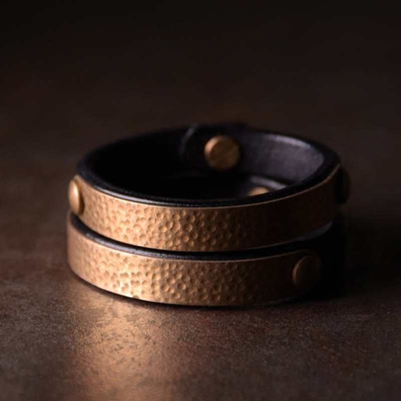 Buddha Stones Vintage Ręcznie Robione Tekstura Miedź Mosiądz Skóra Bogactwo Bransoletka Bangle