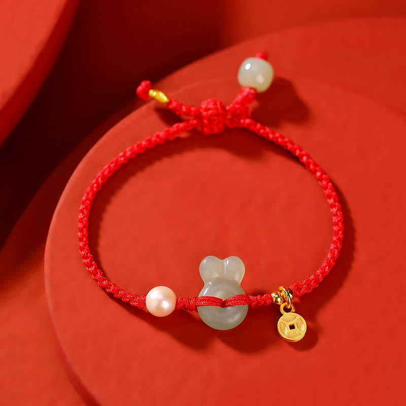 925 Srebro Sterling Rok Królika Hetian Jade Miedź Moneta Bogactwo Bransoletka z Czerwonego Sznurka