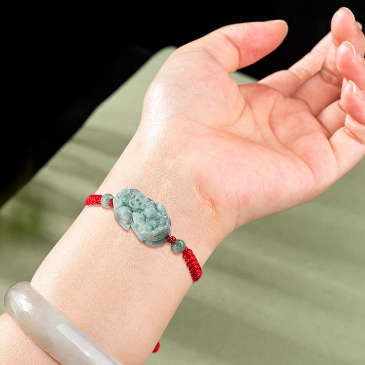 Buddha Stones Ręcznie Robione Naturalne Jade PiXiu Ochrona King Kong Węzeł Bransoletka ze Sznurka