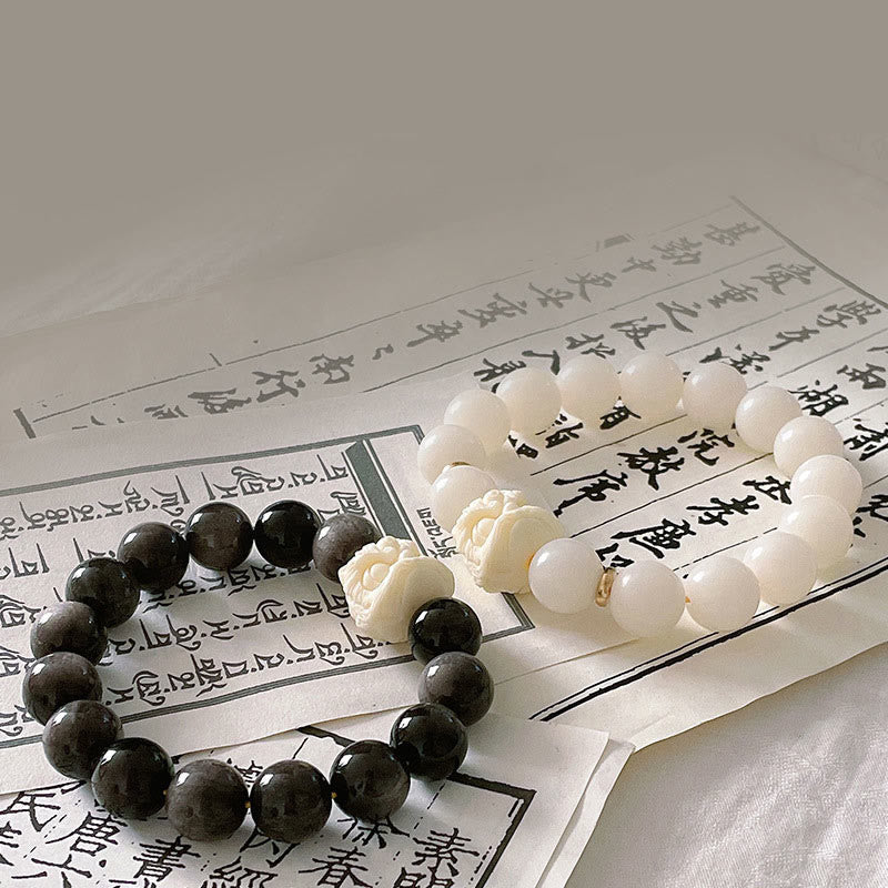 Buddha Stones Srebrny połysk Obsydian Nasiona Bodhi Kość Słoniowa Owoce Tańczący Lew Bransoletka Ochronna