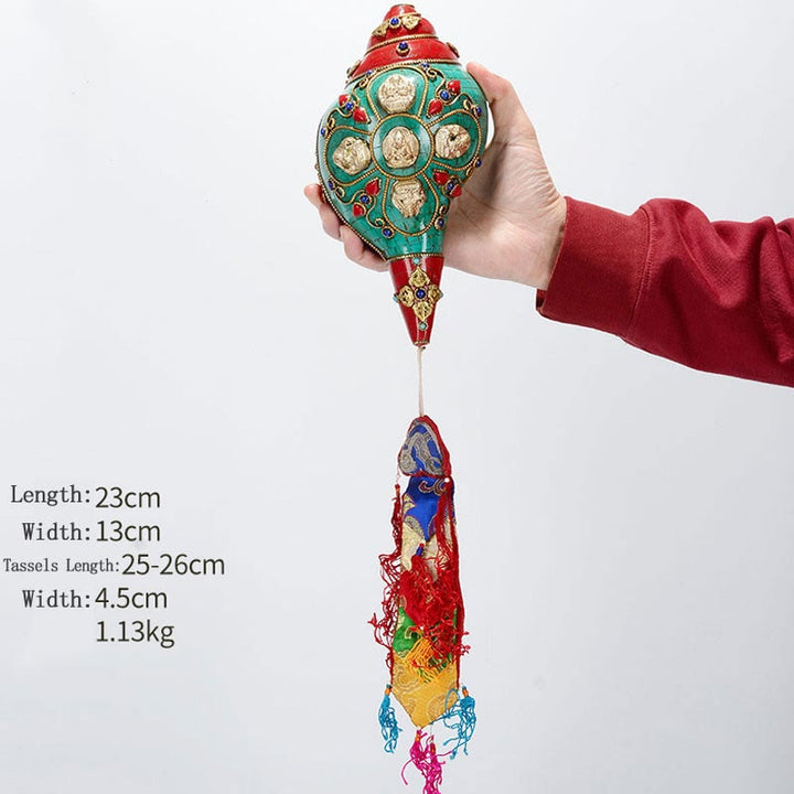 Tybetańska, ręcznie robiona Shankha Om Mani Padme Hum Budda Avalokitesvara turkusowa muszla pozytywna dekoracja - Lotos-Budda 23*13cm - image 24