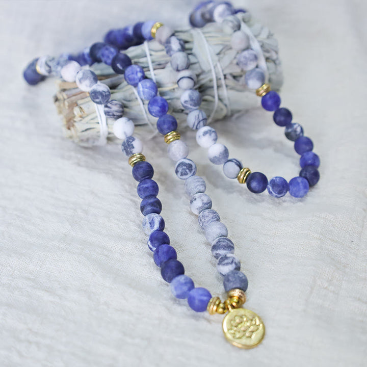 Buddha Stones Bransoletka z 108 naturalnych jaspisów Picasso i niebieskich kamieni Mala Bead Lotus