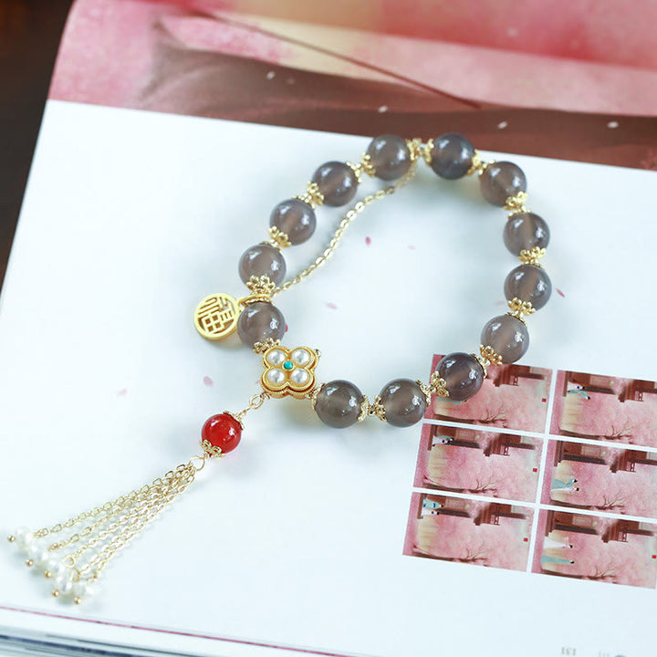 Bransoletka z pereł Fu Character Tassel Balance z Buddha Stones w kolorze szarym i agatem