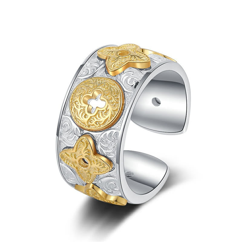 Pierścionek szczęścia z motywem kwiatów z dynastii Tang , Buddha Stones, 925 Sterling Silver