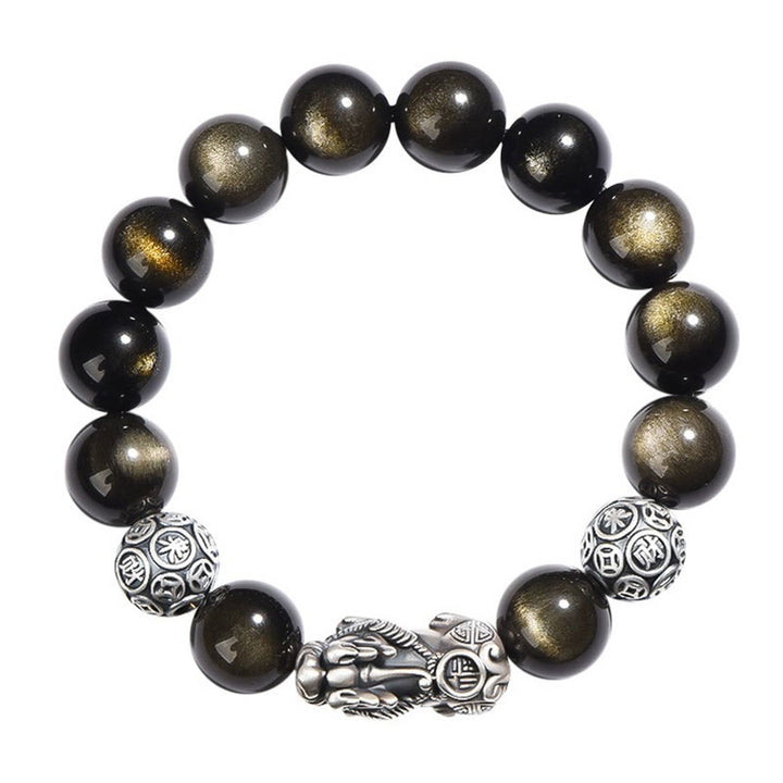 Buddha Stones 925 Srebro Sterling Naturalny Złoty Połysk Obsydian PiXiu Bransoletka Ochrony Bogactwa