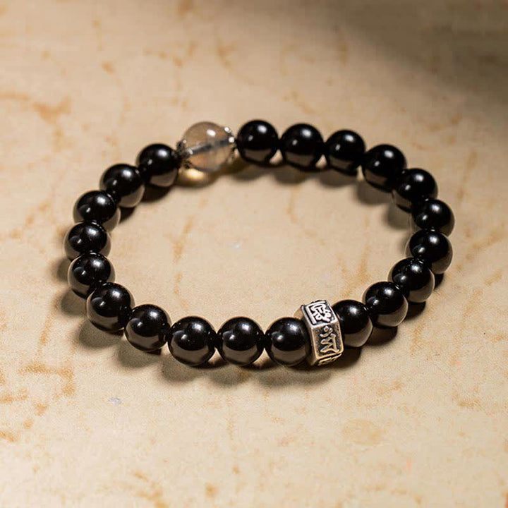 Chiński zodiak Natal Buddha 925 Srebro Sterling Czarny Obsydian Moonstone Bransoletka Siła