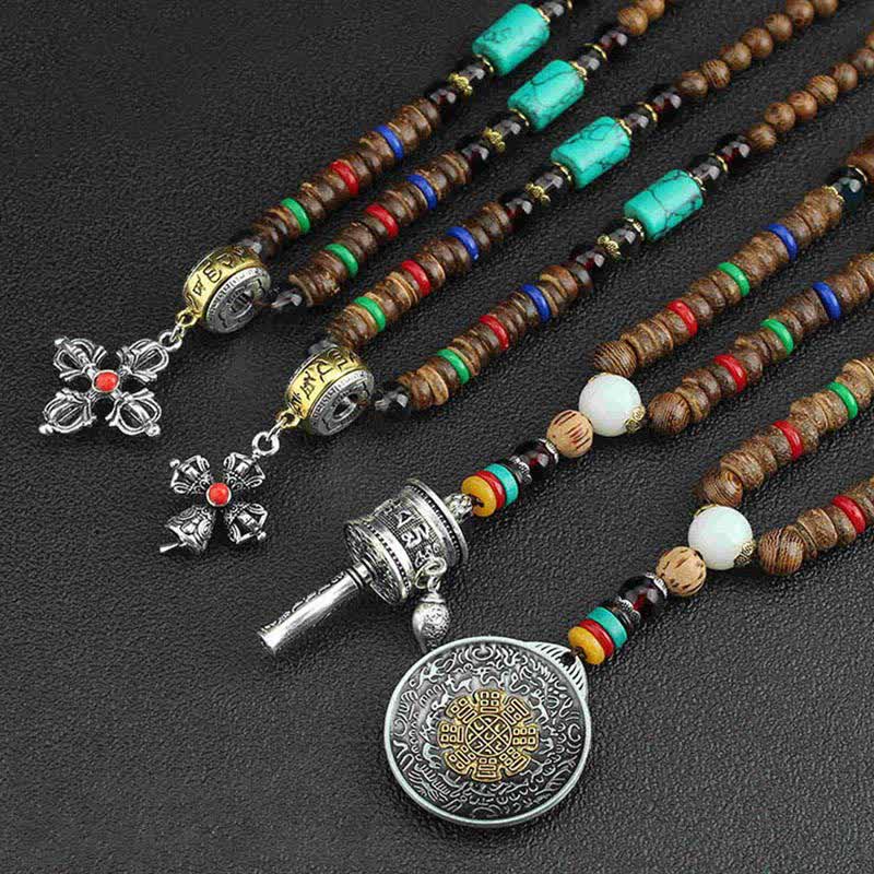 Buddha Stones Tybetańskie Om Mani Padme Hum Modlitewne Koło Obrotowe Naszyjnik Wisiorek z Drewna Vajra - image 20