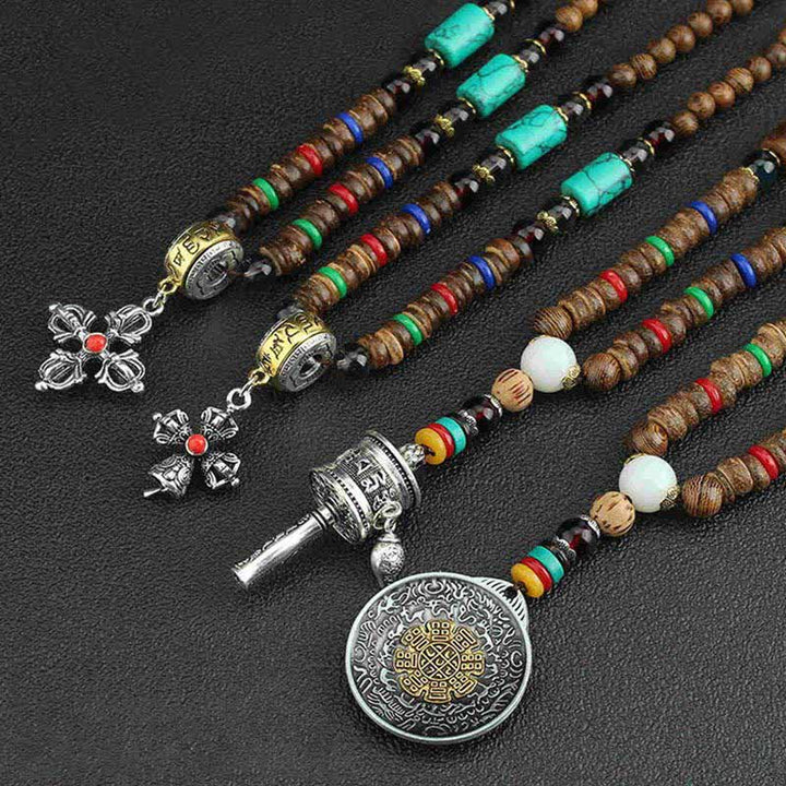 Buddha Stones Tybetańskie Om Mani Padme Hum Modlitewne Koło Obrotowe Naszyjnik Wisiorek z Drewna Vajra - image 20