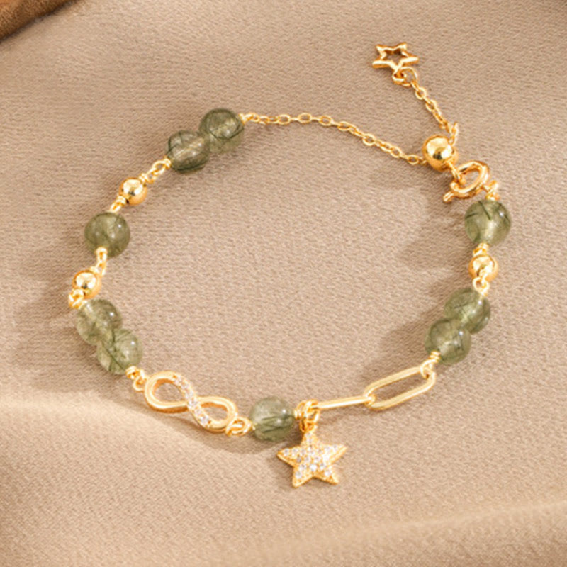 Buddha Stones 14K Złoto Zielony Rutilated Quartz Möbius Loop Bransoletka Ochronna Wiecznej Miłości Gwiazdy