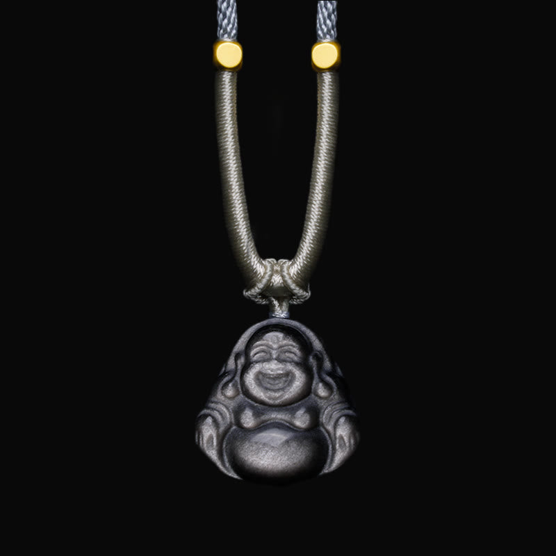 Buddha Stones Naturalny Srebrny Połysk Obsydian Śmiejący się Budda Naszyjnik Ochronny Wisiorek - Naszyjnik Śmiejący się Budda w kolorze jasnoszarym - image 6