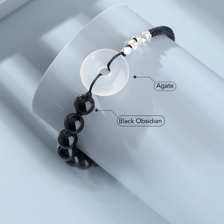 Buddha Stones 925 Sterling Silver Black Obsidian Agat Peace Buckle Strength