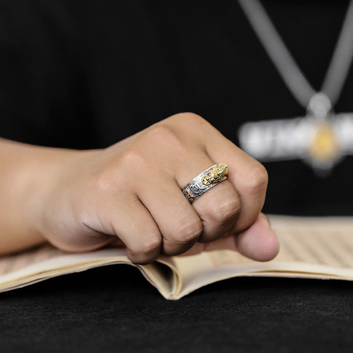 Buddha Stones Tybetańskie 990 Srebro Sterlingowe Om Mani Padme Hum PiXiu Dorje Wadżra Sutra Serca Grawerowany Pierścień Bogactwa