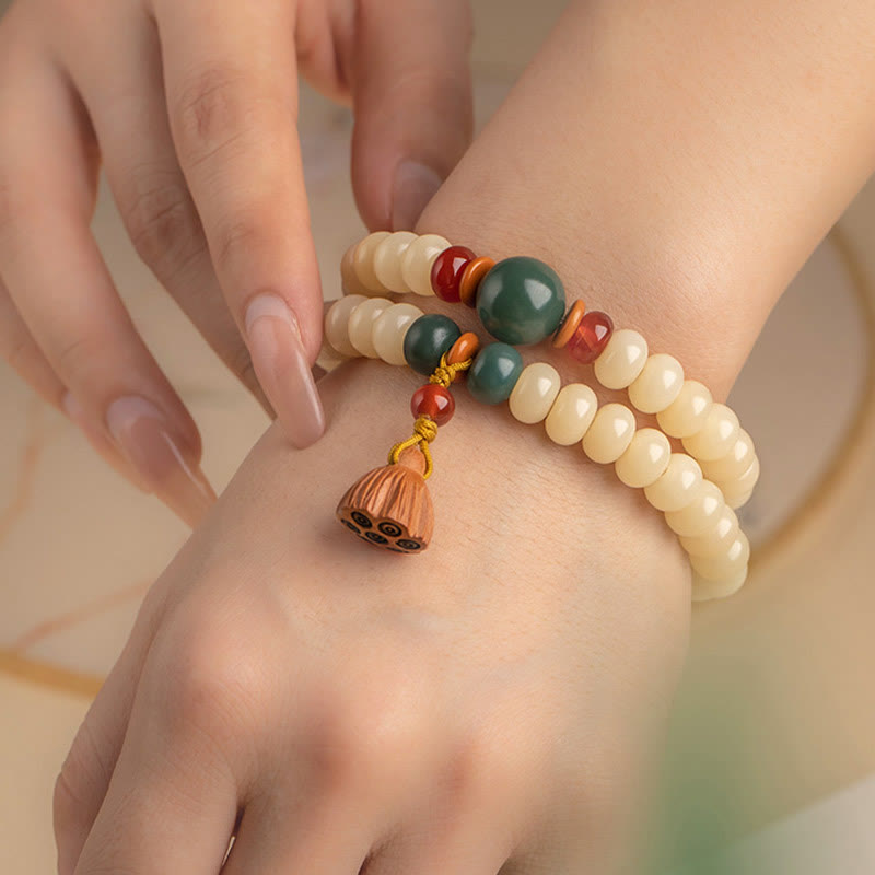Bransoletka Buddha Stones Bodhi Seed Lotus Pod Charm Peace Double Wrap