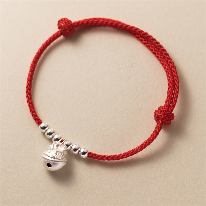 Buddha Stones Rok Smoka 925 Srebro Sterling Ręcznie Rzeźbiony Smok Sukces Pleciona Czerwona Bransoletka