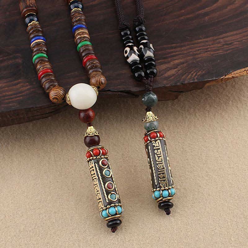 Buddha Stones tybetański Om Mani Padme Hum Dzi koralik Wenge naszyjnik z drewna wisiorek - image 3