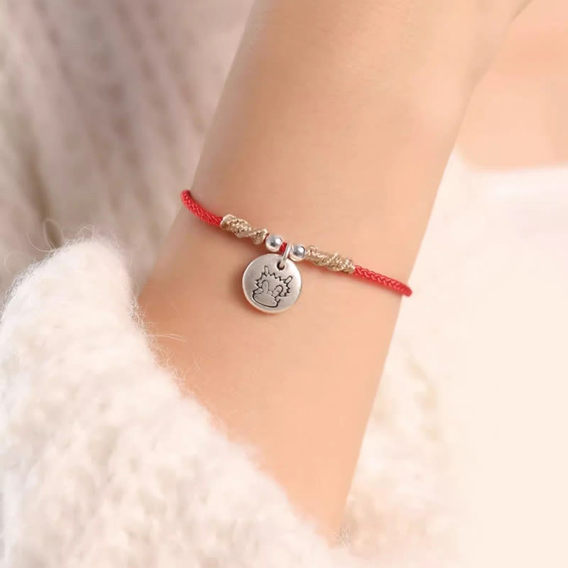 Buddha Stones Ręcznie robione 999 Srebro Sterling Rok Smoka Uroczy Chiński Zodiak Szczęście Pleciona Bransoletka