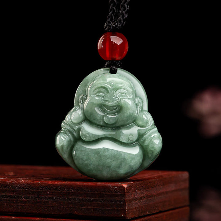 Buddha Stones Naturalny Zielony Jadeit Śmiejący Się Budda Szczęście Obfitość Naszyjnik Wisiorek