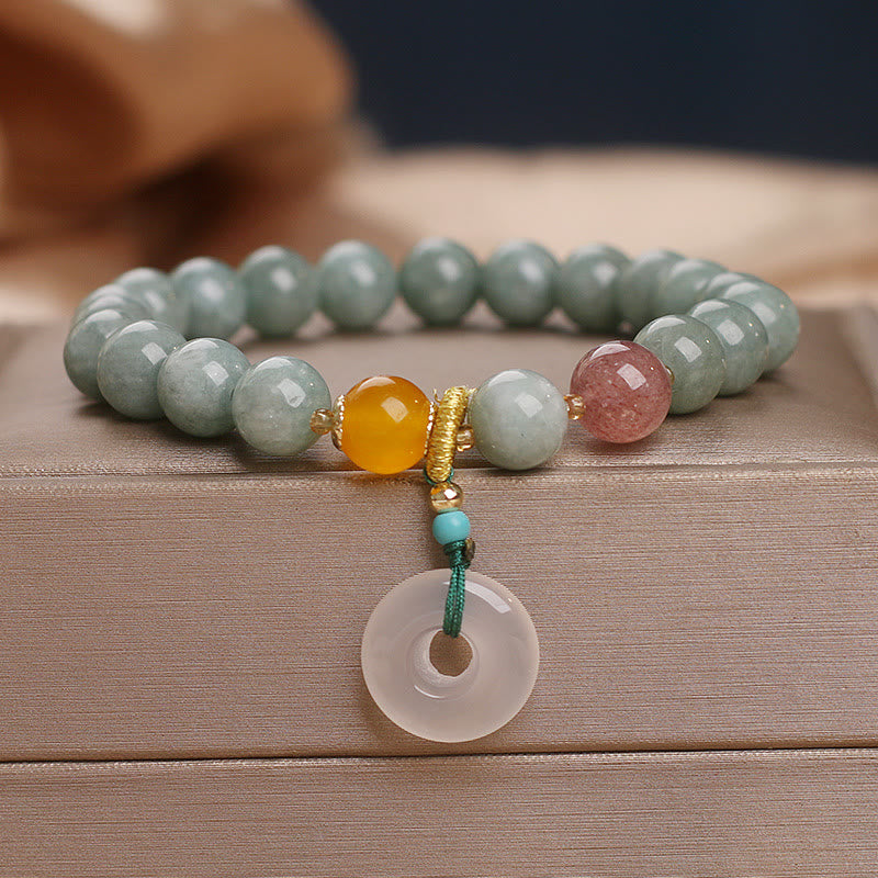 Buddha Stones Naturalny Jadeit Kwarc Truskawkowy Koralik Bransoletka Peace Buckle Prosperity