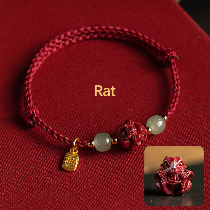 Buddha Stones Naturalny Cynober Chiński Zodiak Hetian Jade Fu Charakter Szczęścia Bransoletka Lina