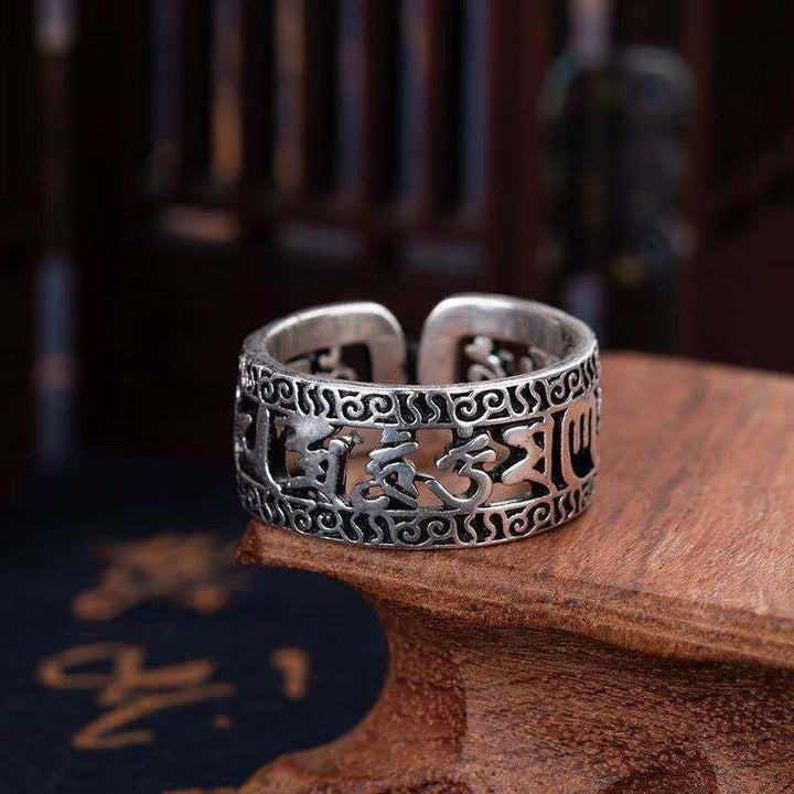 Buddha Stones Vintage Tybet Om Mani Padme Hum Rzeźbiony Pusty Projekt Pierścienia Czystości