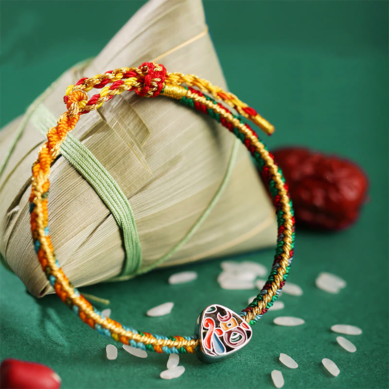 Buddha Stones 925 Srebro Sterling Festiwal Smoczych Łodzi Fu Charakter Zongzi Wzór Szczęścia Ręcznie Robione Wielokolorowe Dziecko Dorosły Bransoletka