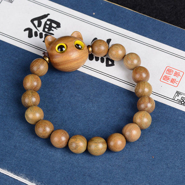 Buddha Stones Drewno hebanowe Zielone drzewo sandałowe Czerwone drzewo sandałowe Piękna bransoletka z kotem - Zielony kotek z drzewa sandałowego 10 mm * 15 koralików (obwód nadgarstka 14-16 cm) - image 4