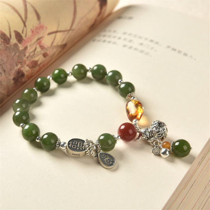 Buddha Stones 925 Srebro Sterlingowe Hetian Cyan Jade Gourd Amber Bransoletka Sukcesu