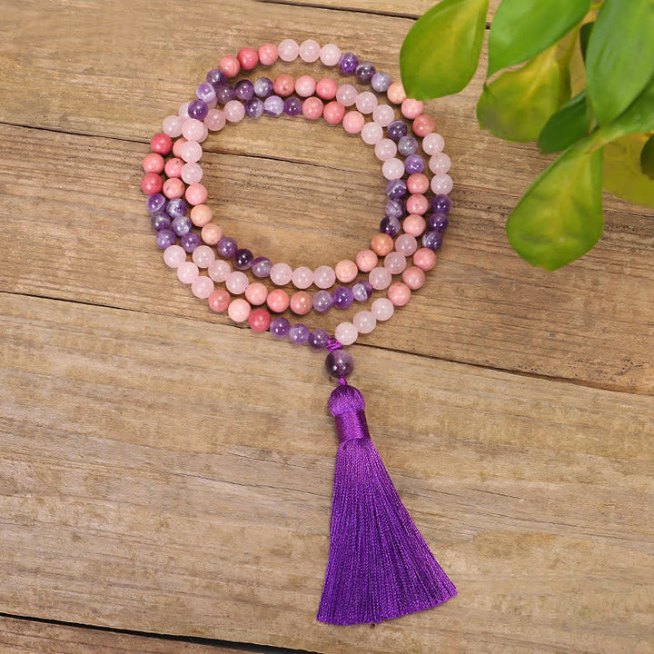 Buddha Stones 108 Mala Beads Ametyst Różowy Kwarc Duchowe Uzdrawiające Bransoletka z Chwostem
